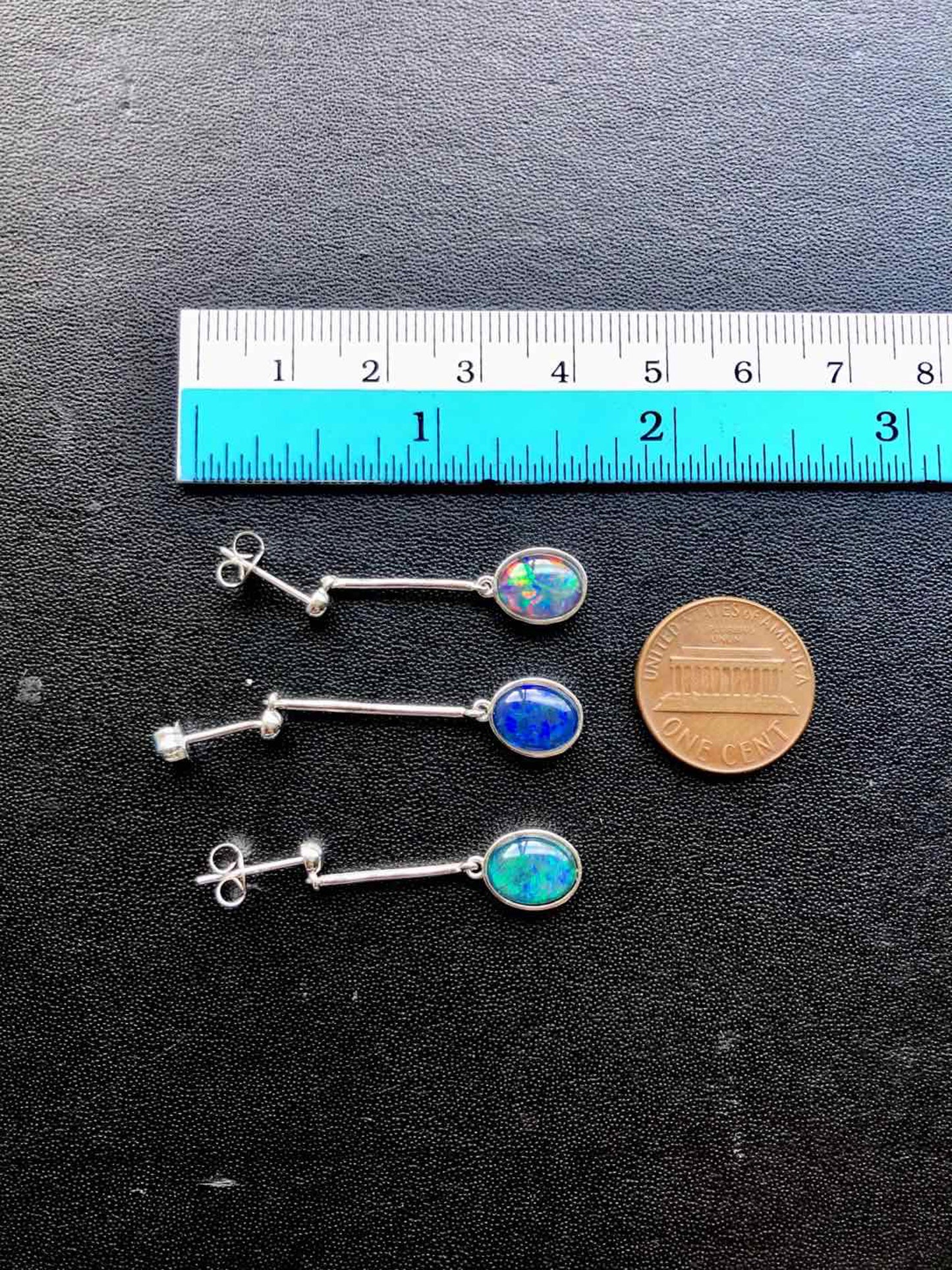 Australian Triplet Opal Earrings - Green Blue Dangling Opal - Genuine Australian Triplet Opal Earrings in Sterling Silver White Gold Plated