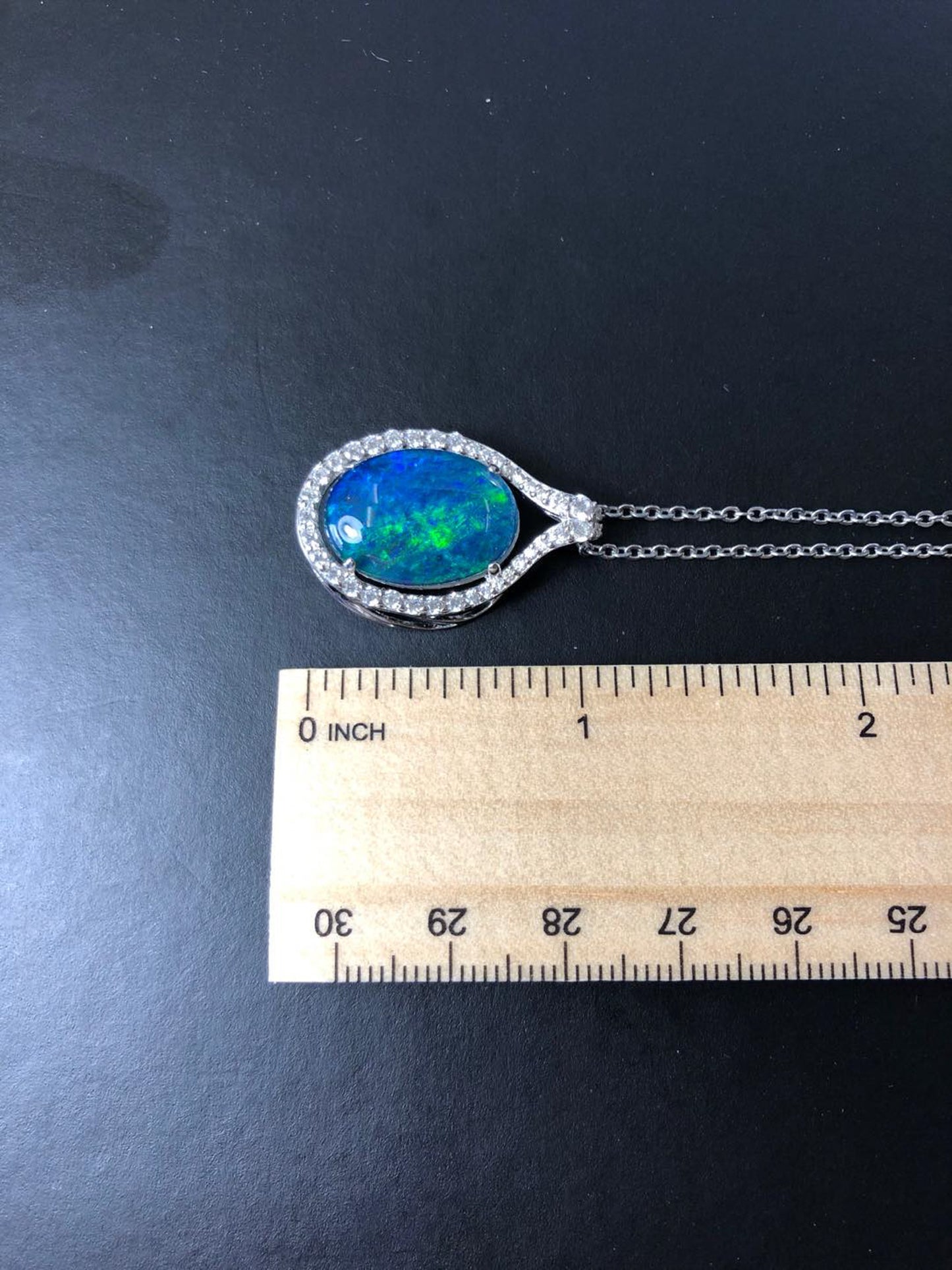 Large Australian Opal - Halo Cluster Green Blue Color Fire Opal Necklace - Opal Pendant in Sterling Silver White Gold Plating Finish