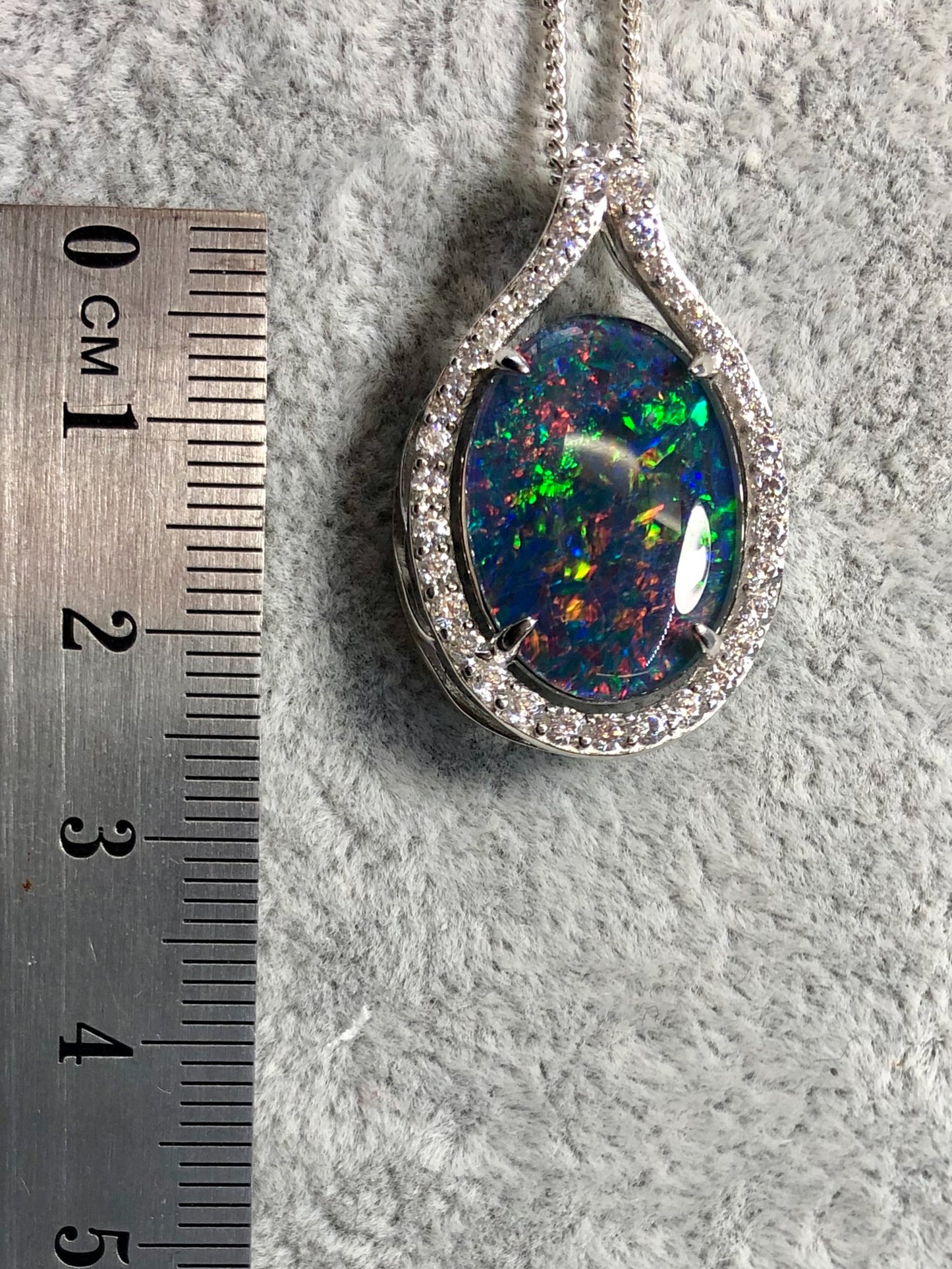 Large Australian Opal - Halo Cluster Multi Color Fire Opal Necklace - Luxury Australian Triplet Opal Pendant in Sterling Silver White Gold Plated