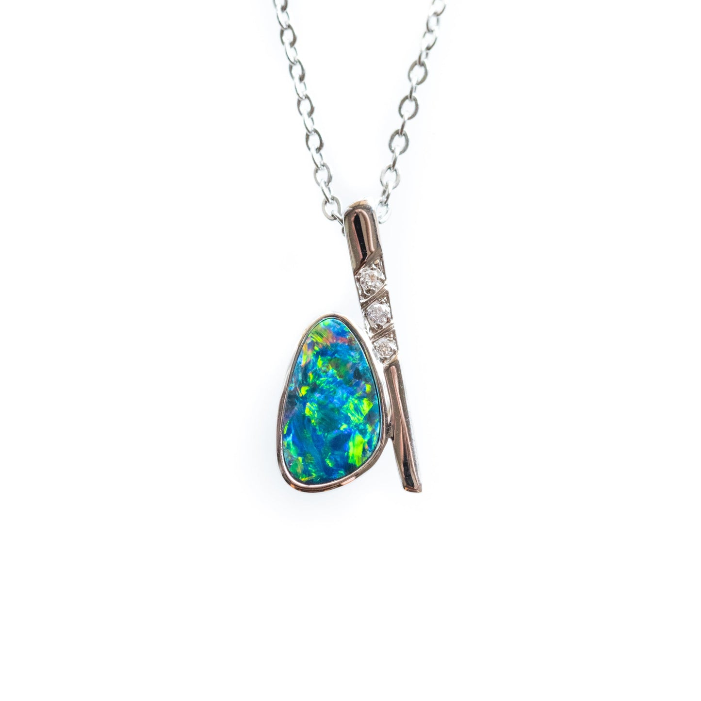 Necklace with a teardrop-shaped opal pendant on a white background