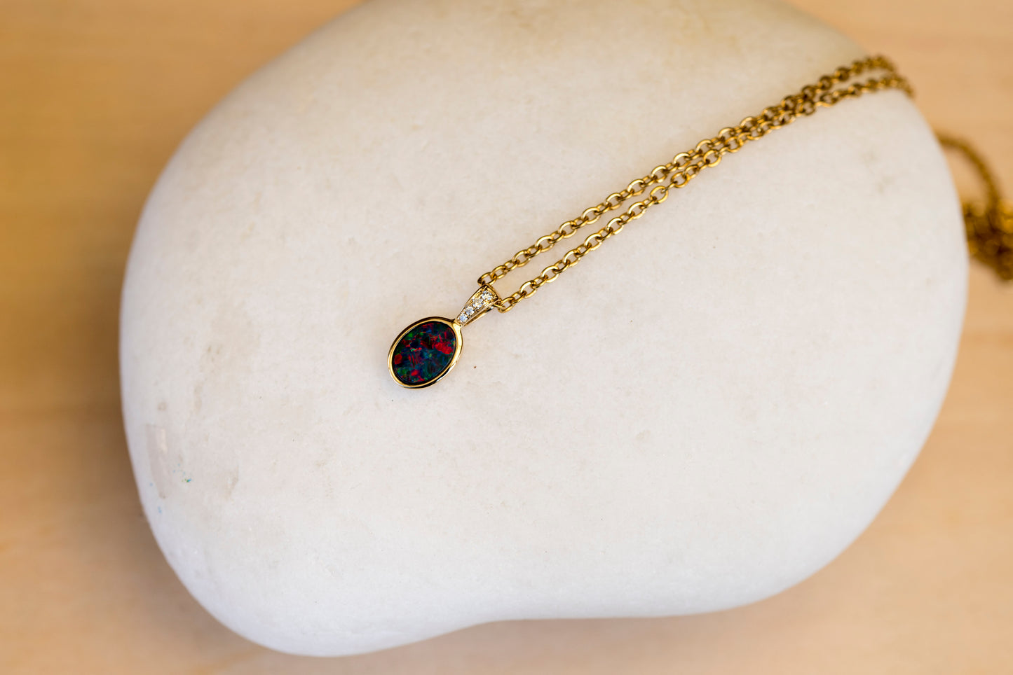Australian Opal in 14K Solid Yellow Gold - Beautiful Multi Color Fire Opal Necklace - Genuine Australian Doublet Opal Gem Stone Pendant