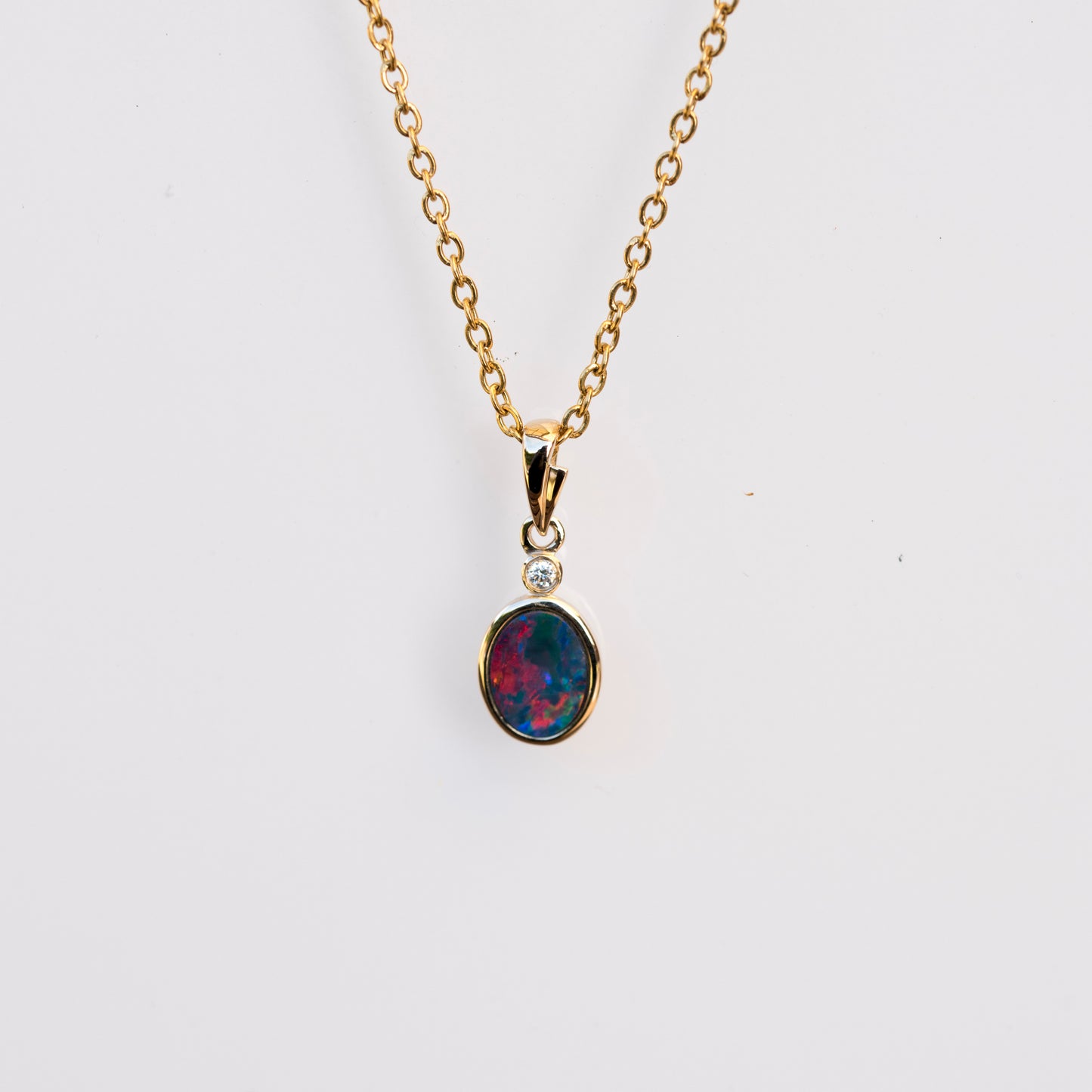 Australian Opal in 14K Solid Yellow Gold - Lovely Multi Color Fire Opal - Genuine Australian Doublet Opal Gem Stone Pendant Necklace