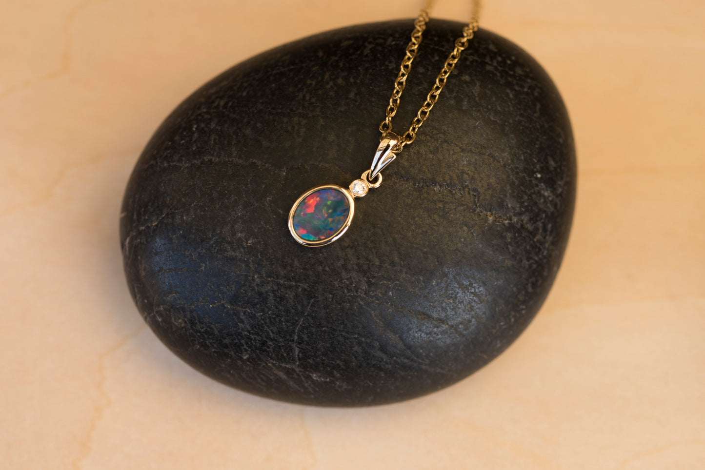 Australian Opal in 14K Solid Yellow Gold - Lovely Multi Color Fire Opal - Genuine Australian Doublet Opal Gem Stone Pendant Necklace