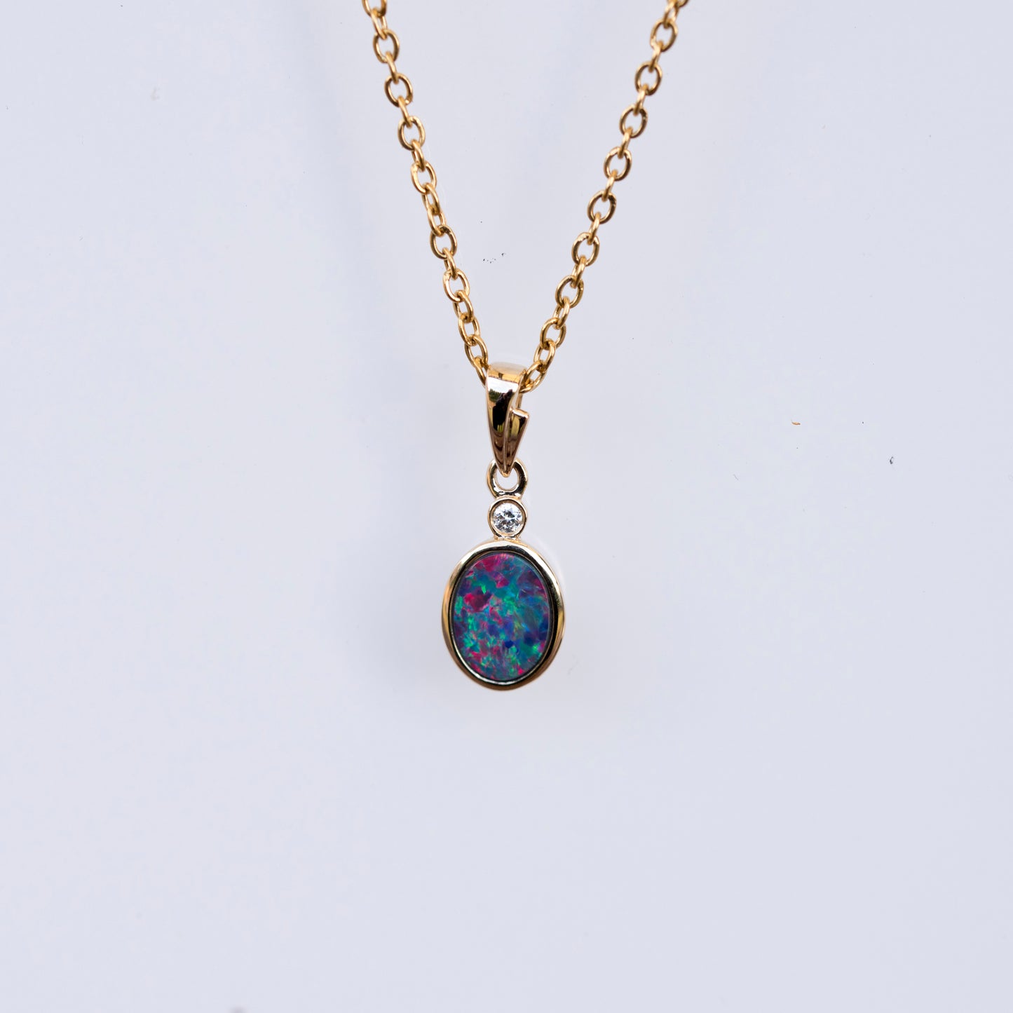 Australian Opal in 14K Solid Yellow Gold - Multi Color Fire Opal Necklace -  Genuine Australian Doublet Opal Gem Stone Pendant