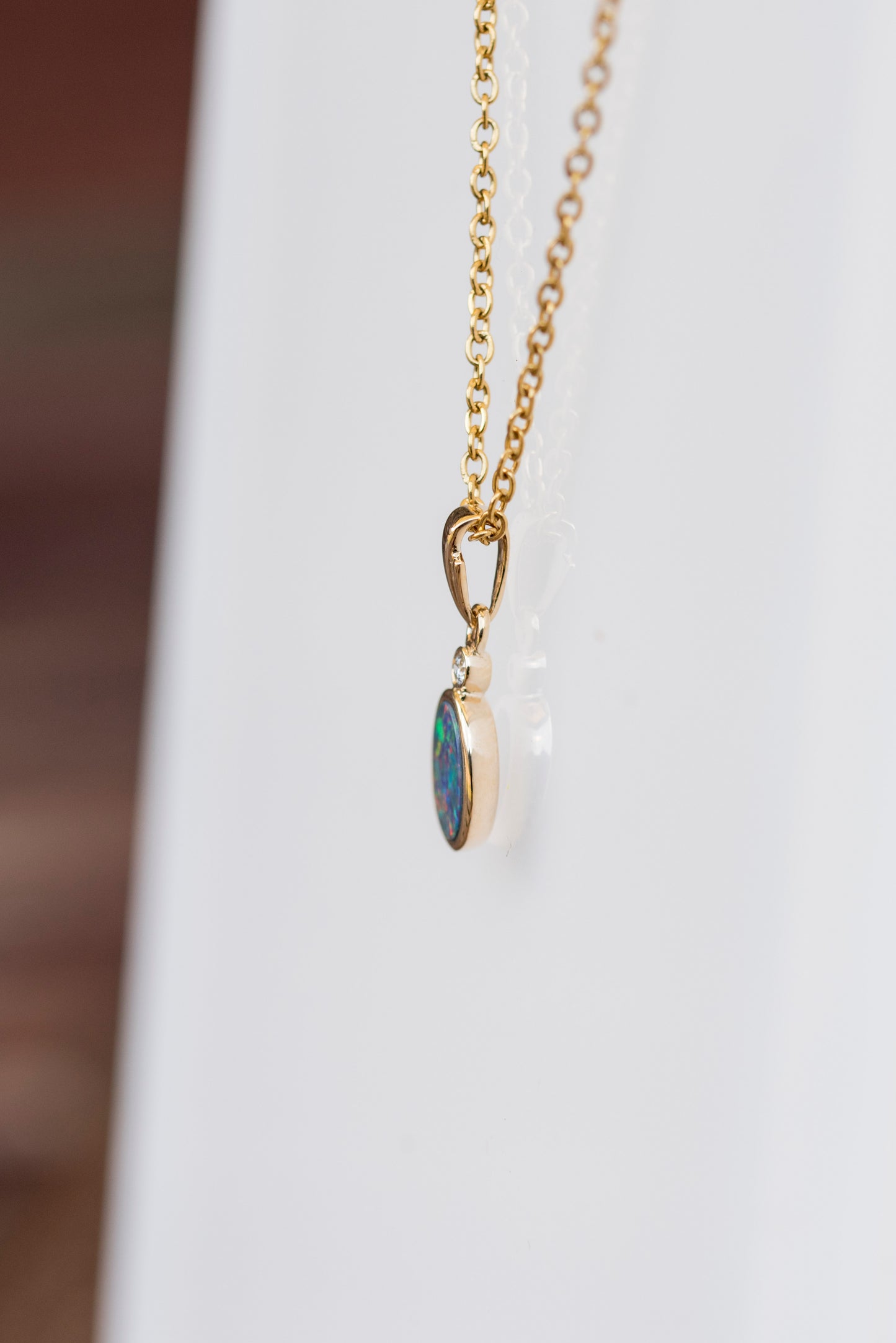 Australian Opal in 14K Solid Yellow Gold - Multi Color Fire Opal Necklace -  Genuine Australian Doublet Opal Gem Stone Pendant