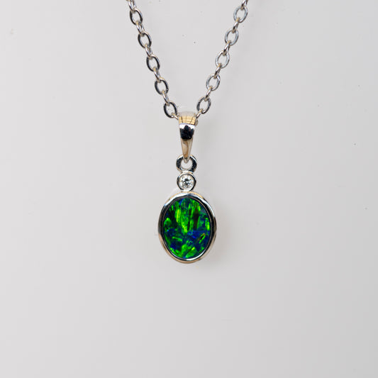 Australian Opal in 14K Solid White Gold - Multi Color Fire Opal Necklace -  Genuine Australian Doublet Opal Gem Stone Pendant