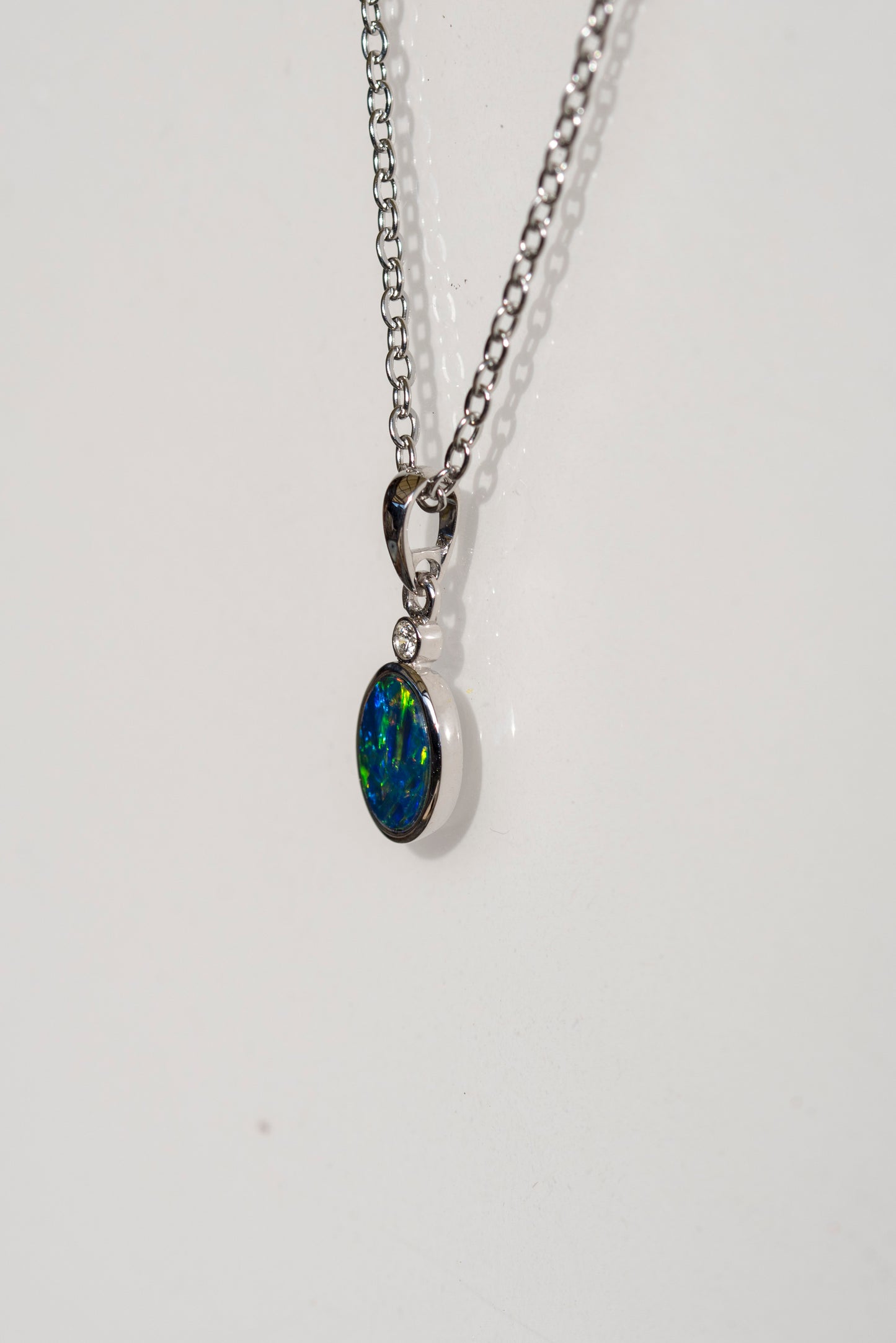 Australian Opal in 14K Solid White Gold - Multi Color Fire Opal Necklace -  Genuine Australian Doublet Opal Gem Stone Pendant
