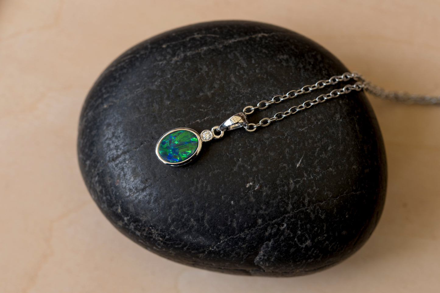 Australian Opal in 14K Solid White Gold - Multi Color Fire Opal Necklace -  Genuine Australian Doublet Opal Gem Stone Pendant