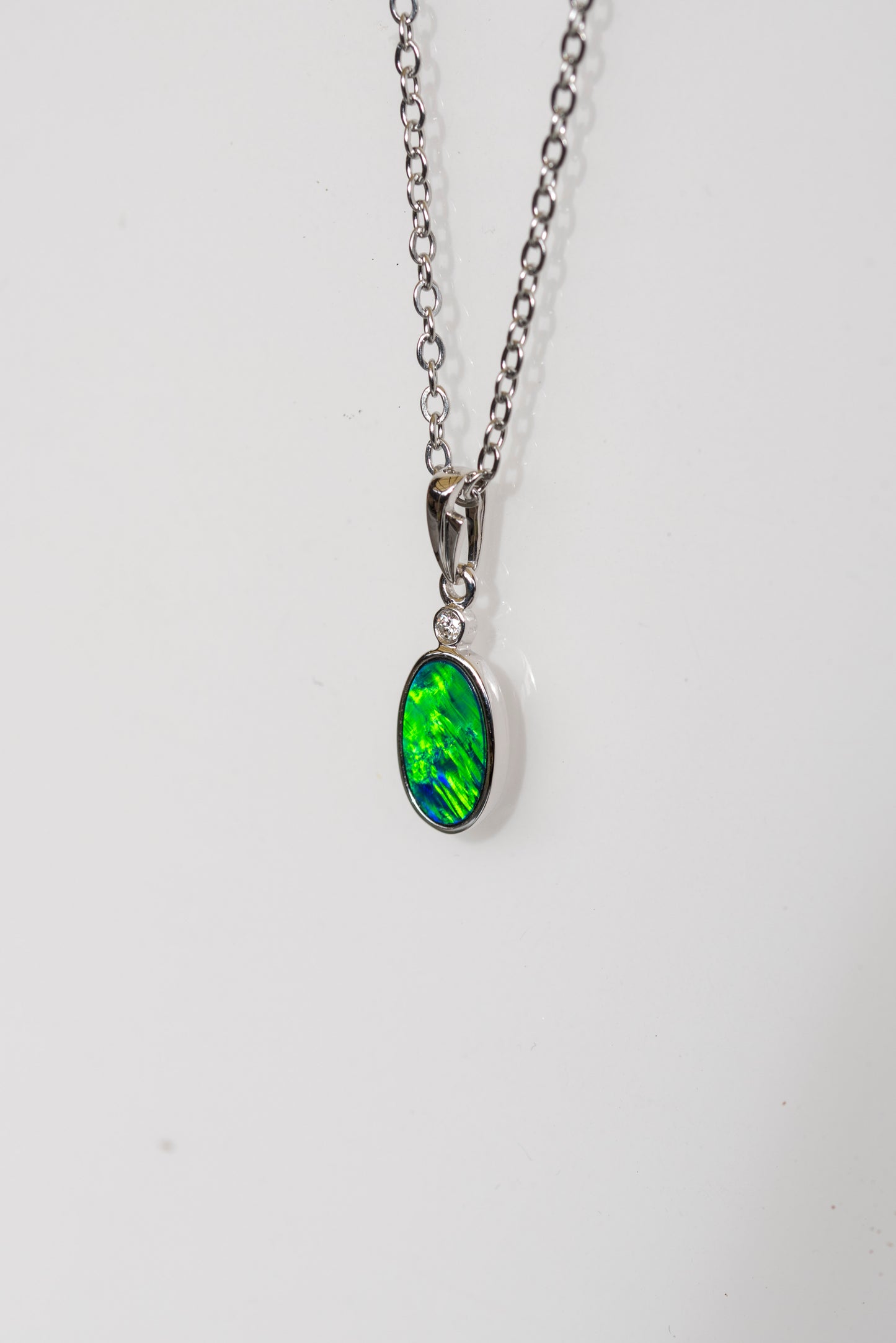 Vibrant Australian Opal in 14K Solid White Gold - Multi Color Fire Opal Necklace - Genuine Australian Doublet Opal Gem Stone Pendant