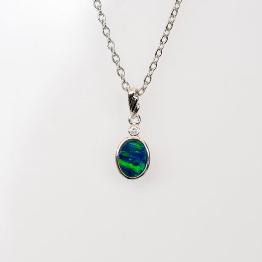 Australian Opal in 14K Solid White Gold - Natural Multi Color Fire Opal Necklace - Genuine Australian Doublet Opal Gem Stone Pendant