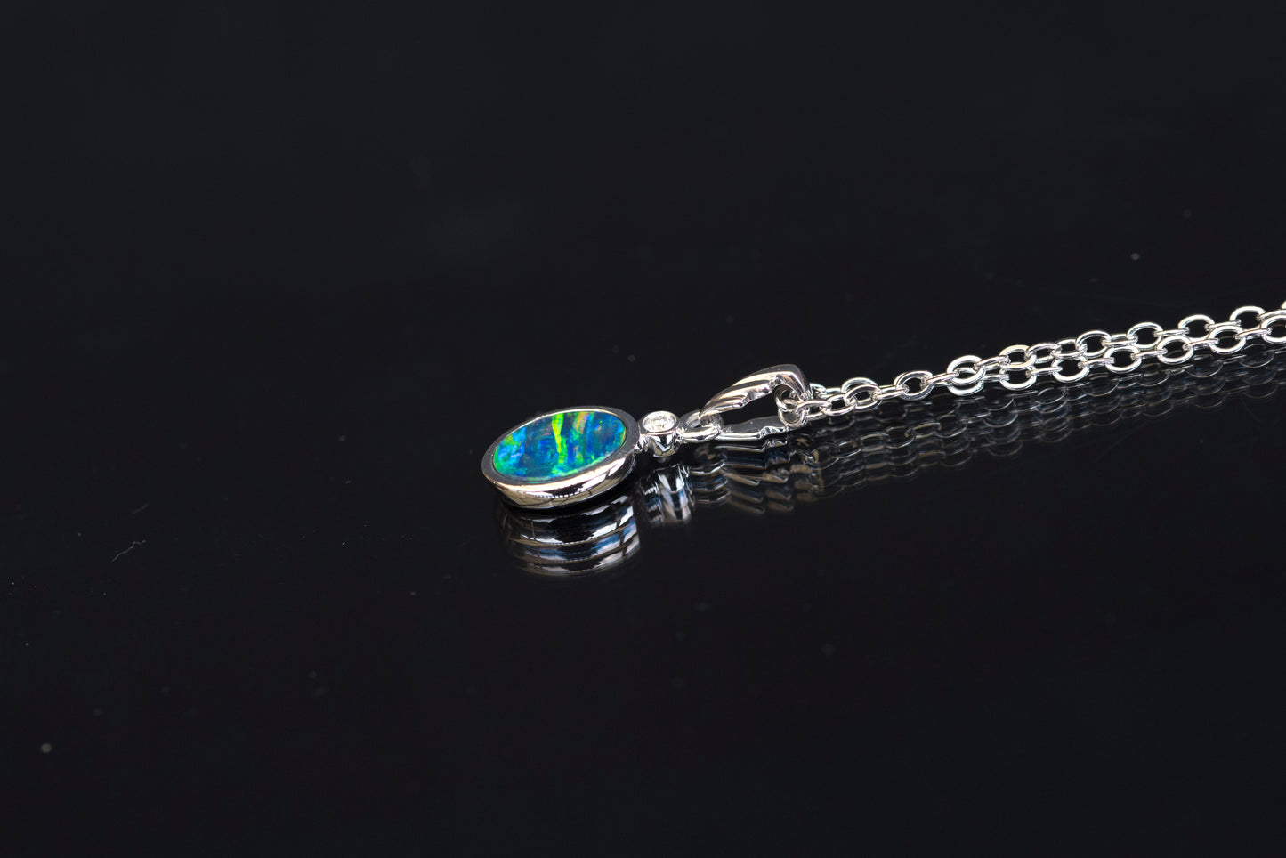 Australian Opal in 14K Solid White Gold - Natural Multi Color Fire Opal Necklace - Genuine Australian Doublet Opal Gem Stone Pendant