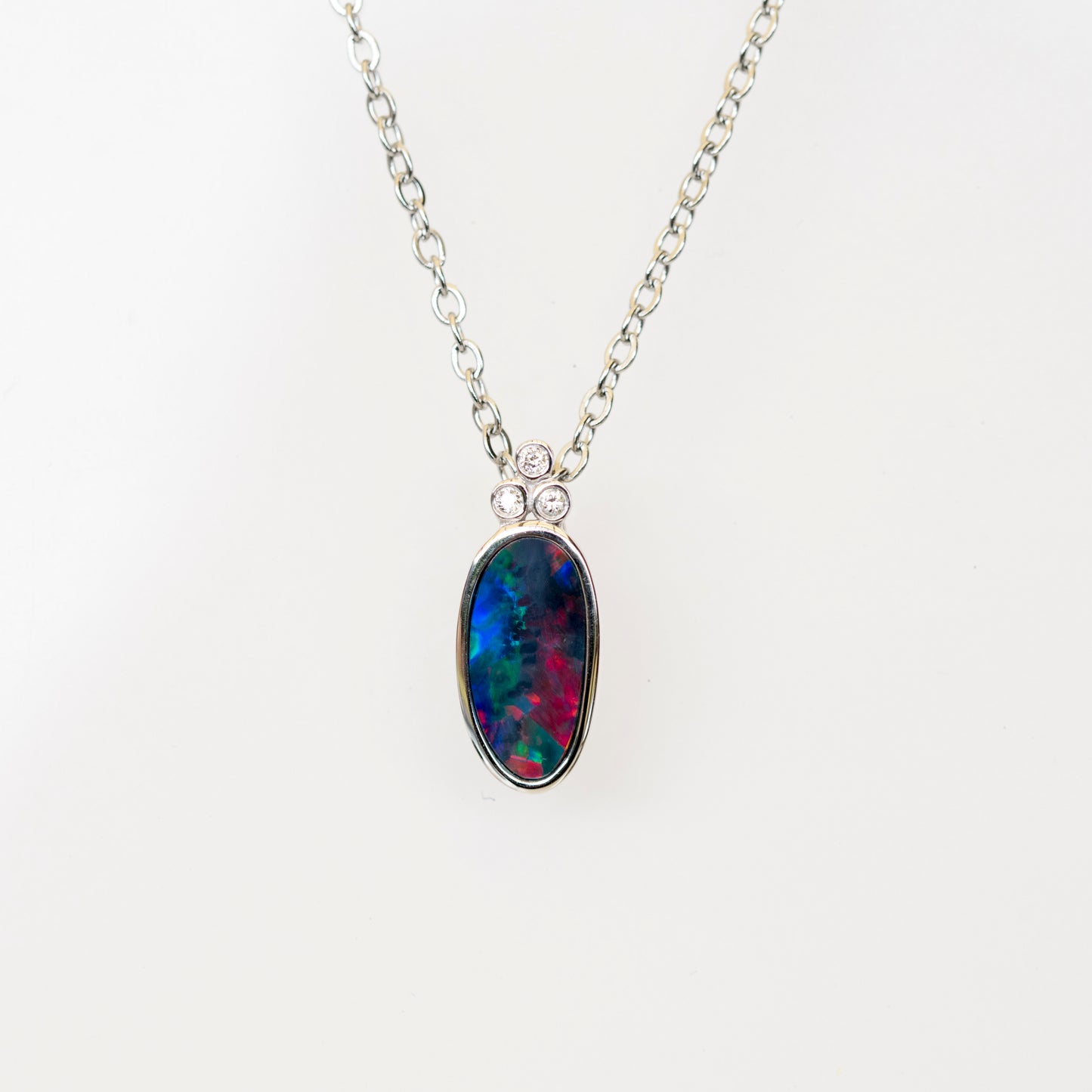 Australian Opal in 14K Solid White Gold - Multi Color Fire Opal Necklace -  Genuine Australian Doublet Opal Gem Stone Pendant