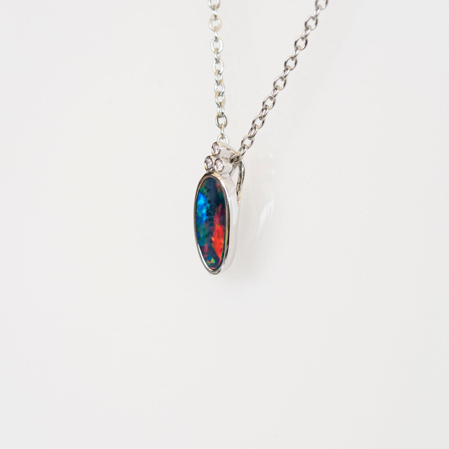 Australian Opal in 14K Solid White Gold - Multi Color Fire Opal Necklace -  Genuine Australian Doublet Opal Gem Stone Pendant