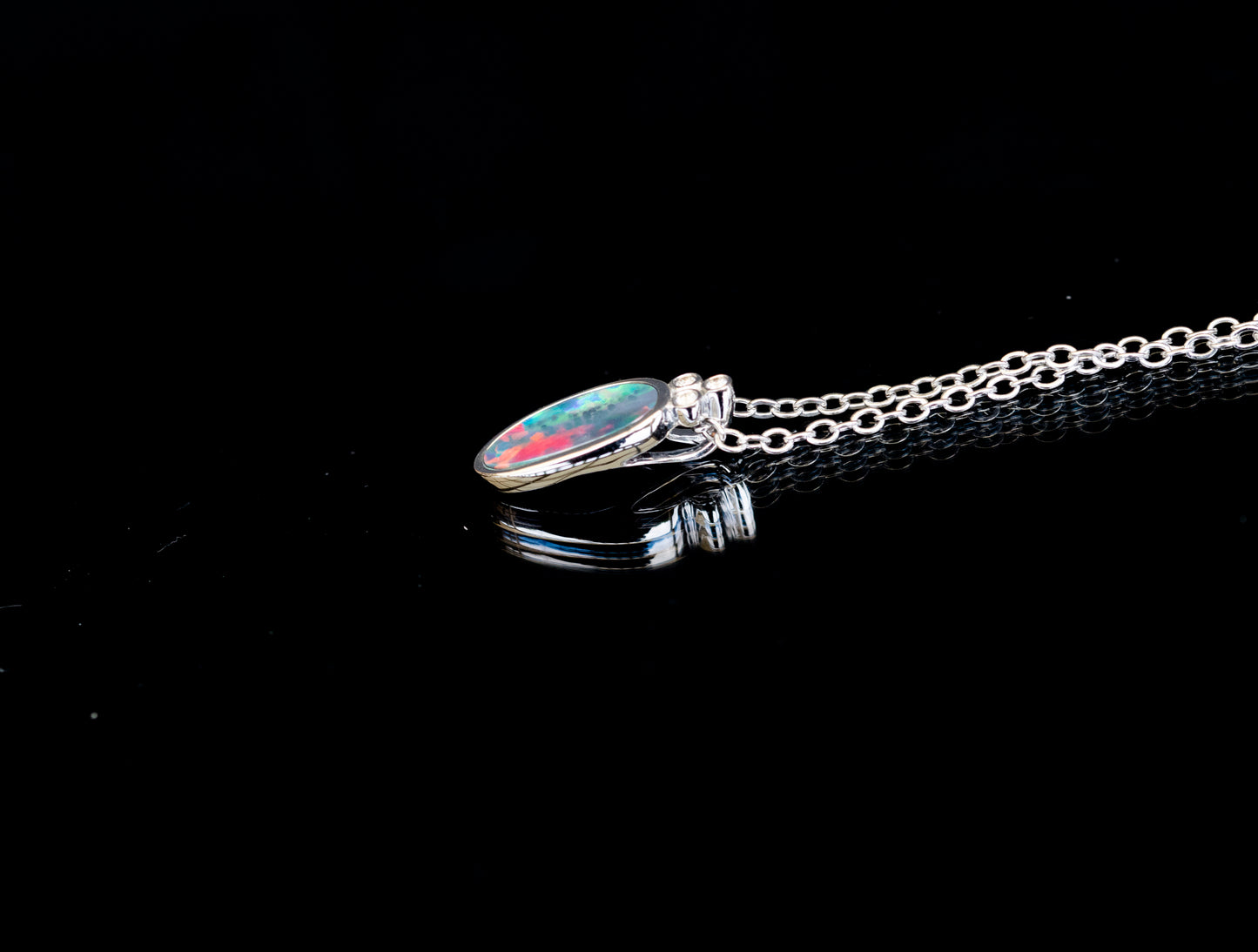 Australian Opal in 14K Solid White Gold - Multi Color Fire Opal Necklace -  Genuine Australian Doublet Opal Gem Stone Pendant