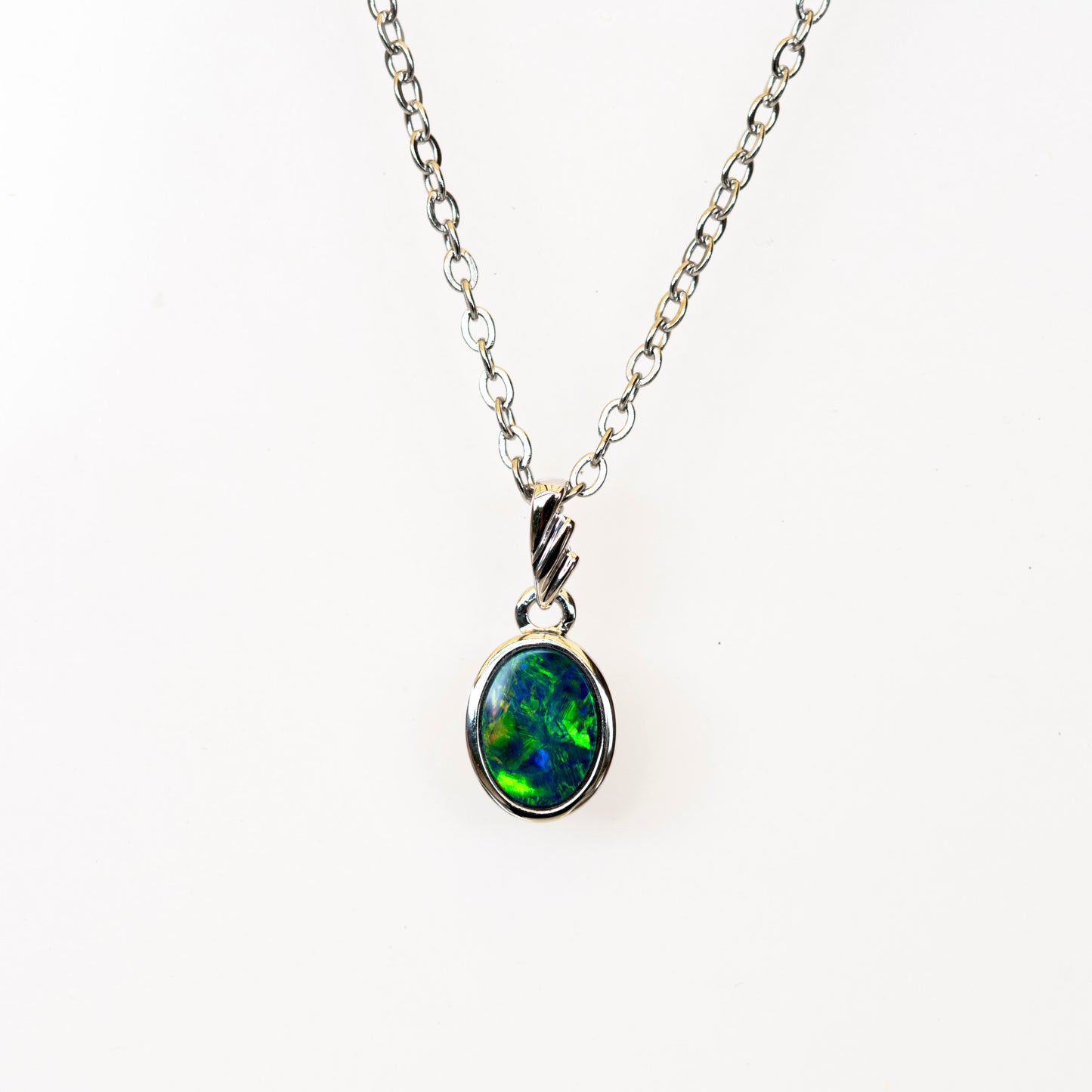 Australian Opal in 14K Solid White Gold - Multi Color Fire Opal Necklace -  Genuine Australian Doublet Opal Gem Stone Pendant
