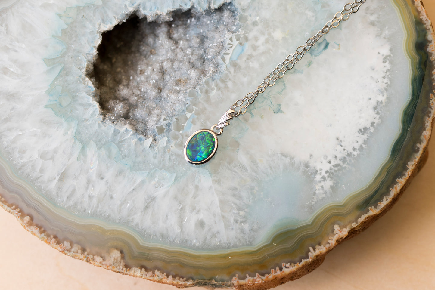 Australian Opal in 14K Solid White Gold - Multi Color Fire Opal Necklace -  Genuine Australian Doublet Opal Gem Stone Pendant