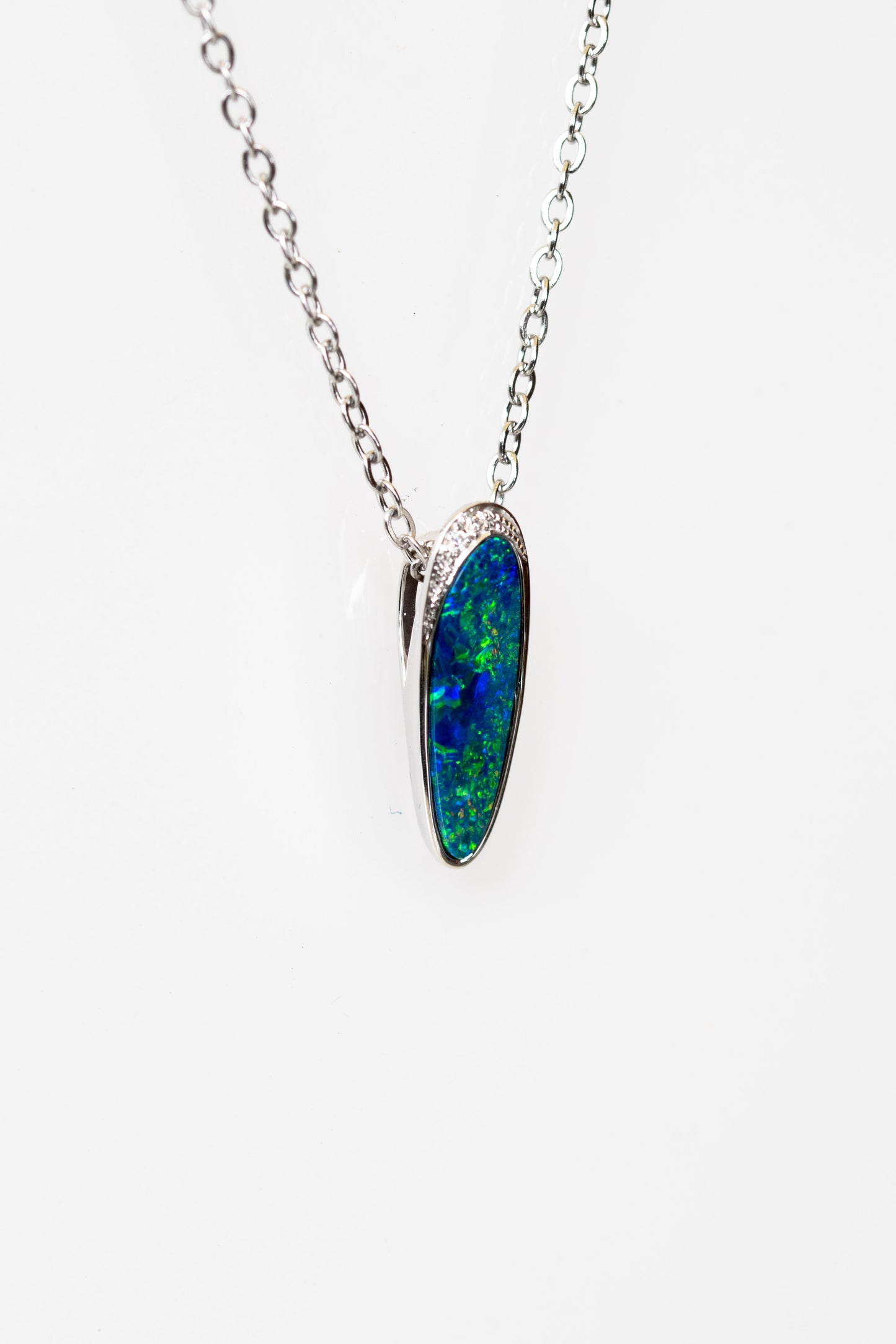 Australian Opal in 14K Solid White Gold - Multi Color Natural Fire Opal Necklace - Genuine Australian Doublet Opal Gem Stone Pendant
