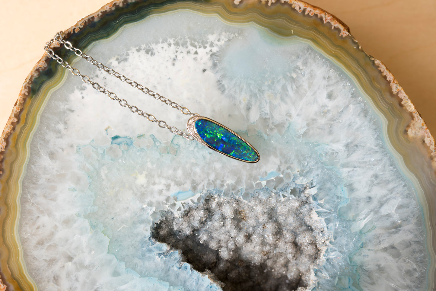 Australian Opal in 14K Solid White Gold - Multi Color Natural Fire Opal Necklace - Genuine Australian Doublet Opal Gem Stone Pendant