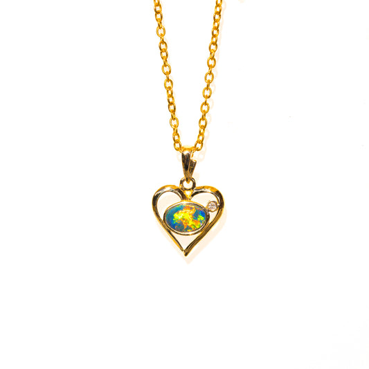Australian Opal in 14K Solid Yellow Gold - Multi Color Sparking Opal Necklace - Genuine Australian Doublet Opal Gem Stone Pendant