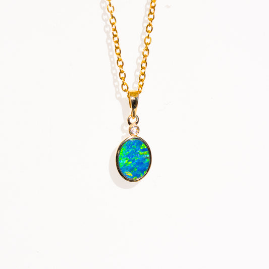 Luxury Australian Opal in 14K Solid Yellow Gold - Multi Color Fire Opal Necklace - Genuine Australian Doublet Opal Gem Stone Pendant