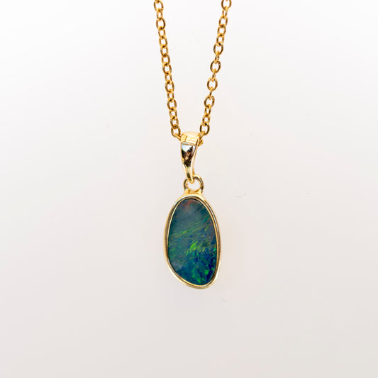 Genuine Australian Fire Opal Pendant - Authentic Australian Doublet Opal Pendant Necklace in Sterling Silver Yellow Gold Plated