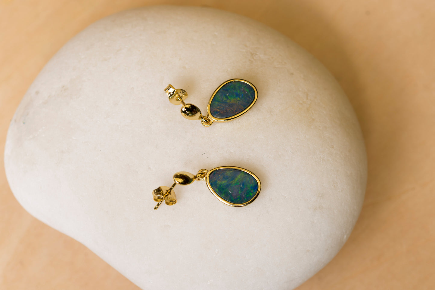 Genuine Australian Fire Opal Earring - Australian Doublet Opal Earrings in Sterling Silver Yellow Gold Plated