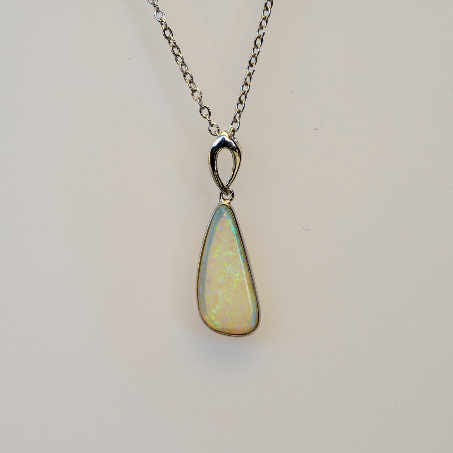 Australian White Crystal Opal - Genuine Authentic Multi Color Fire Opal Necklace -  Solid Opal Gem Stone Pendant in Sterling Silver White Gold Plated