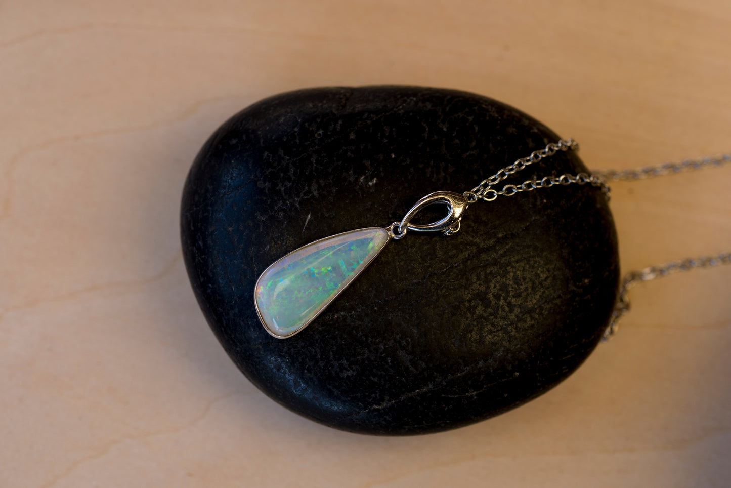Australian White Crystal Opal - Genuine Authentic Multi Color Fire Opal Necklace -  Solid Opal Gem Stone Pendant in Sterling Silver White Gold Plated