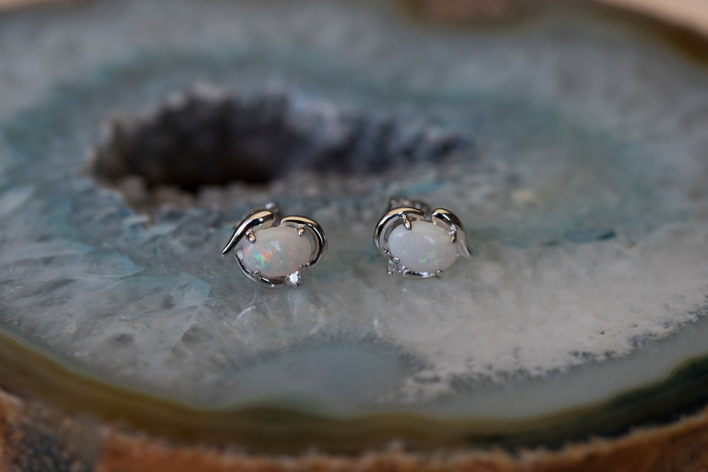 Genuine Australian Opal Earrings - Authentic Australian Solid White Opal Earrings in Sterling Silver White Gold Plated