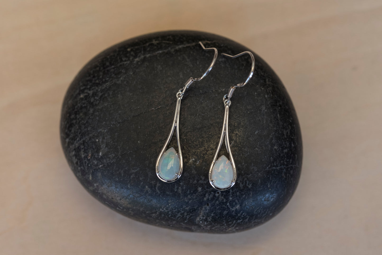 Genuine Australian Opal - Multi Color Fire Opal Earrings - Dangling Australian Solid White Opal Earrings in Sterling Silver White Gold Plated