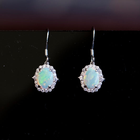 Luxury Design Australian Opal Jewelry - Multi Color Fire Opal Earrings - Australian Solid White Opal Earrings in Sterling Silver White Gold Plated