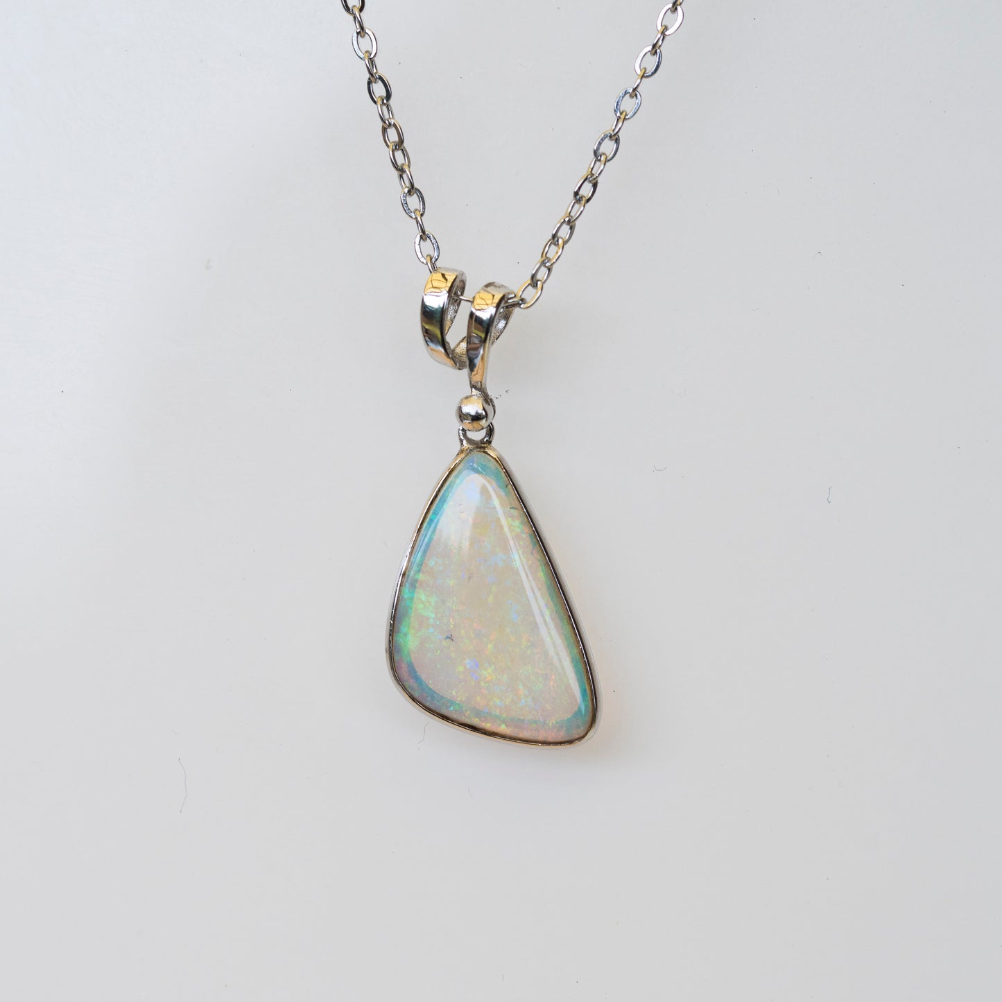 Australian Crystal Opal - Genuine Authentic Multi Color Fire Opal Necklace -  Solid Opal Gem Stone Pendant in Sterling Silver White Gold Plated