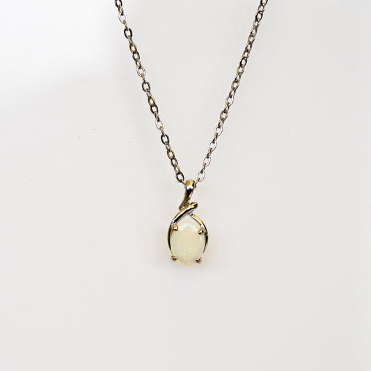 Natural Australian Solid Opal Necklace – Multi-Color White Opal Gemstone Pendant, Sterling Silver with White Gold Plating