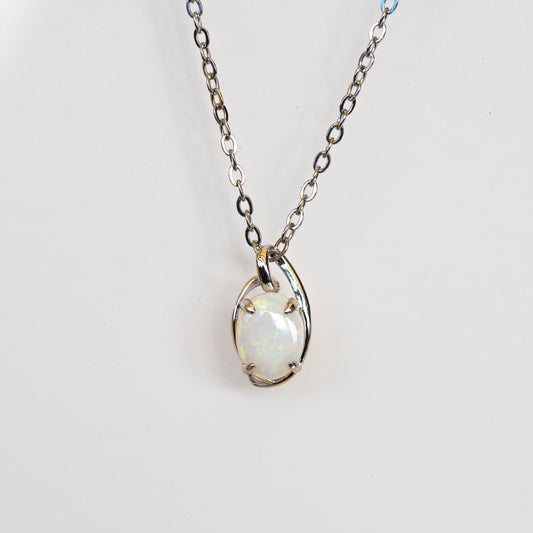 Australian White Opal Necklace – Genuine Multi-Color Solid Opal Pendant in Sterling Silver with White Gold Plating