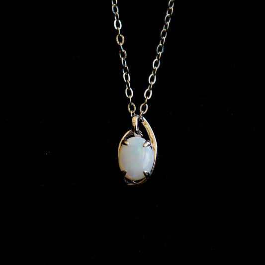 Australian White Opal Necklace – Genuine Multi-Color Solid Opal Pendant in Sterling Silver with White Gold Plating