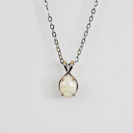 Dainty Australian Opal Pendant – Natural Solid White Opal Necklace with Multi-Color Fire, Sterling Silver White Gold Plated