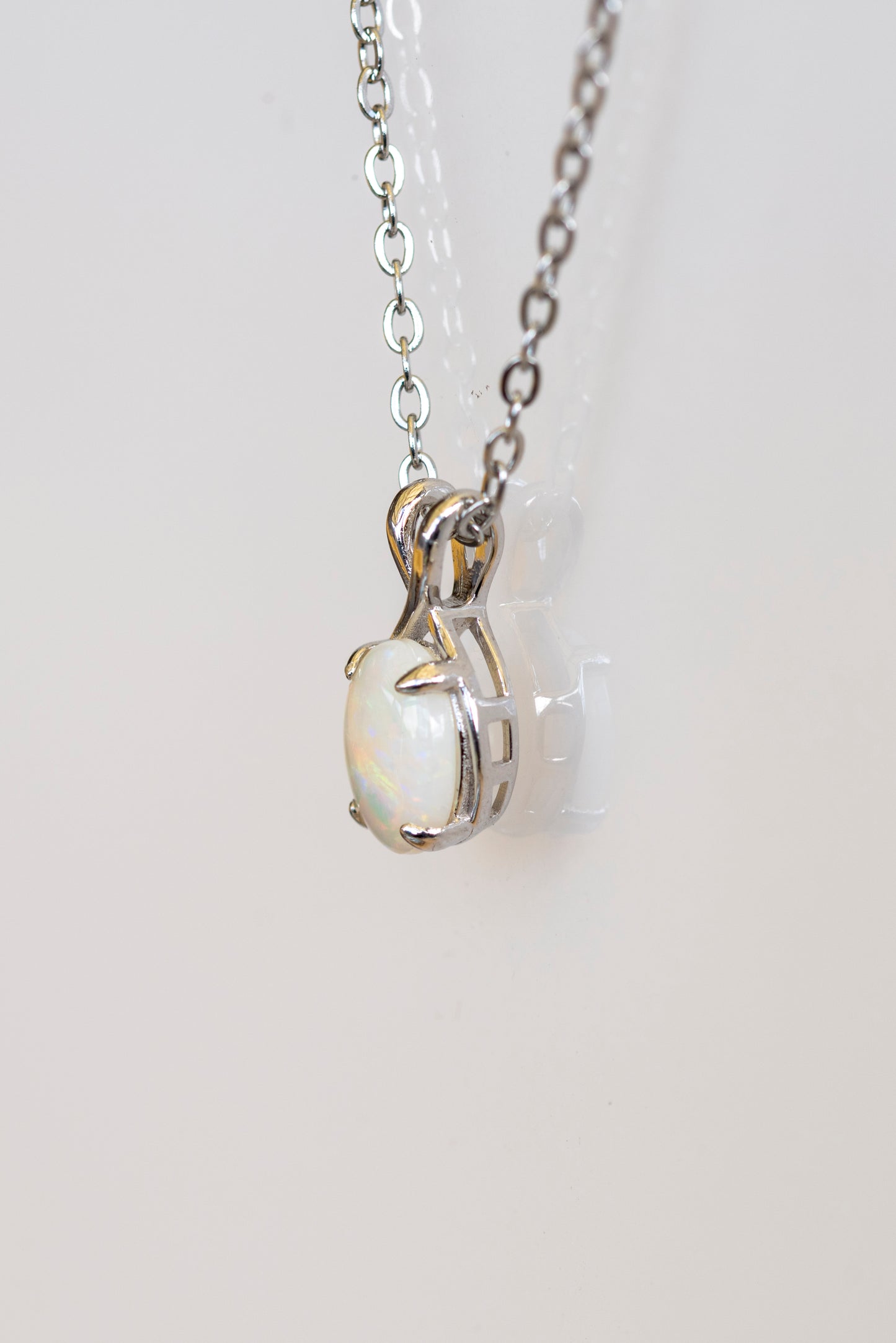 Dainty Australian Opal Pendant – Natural Solid White Opal Necklace with Multi-Color Fire, Sterling Silver White Gold Plated