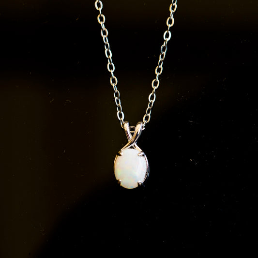 Dainty Australian Opal Pendant – Natural Solid White Opal Necklace with Multi-Color Fire, Sterling Silver White Gold Plated