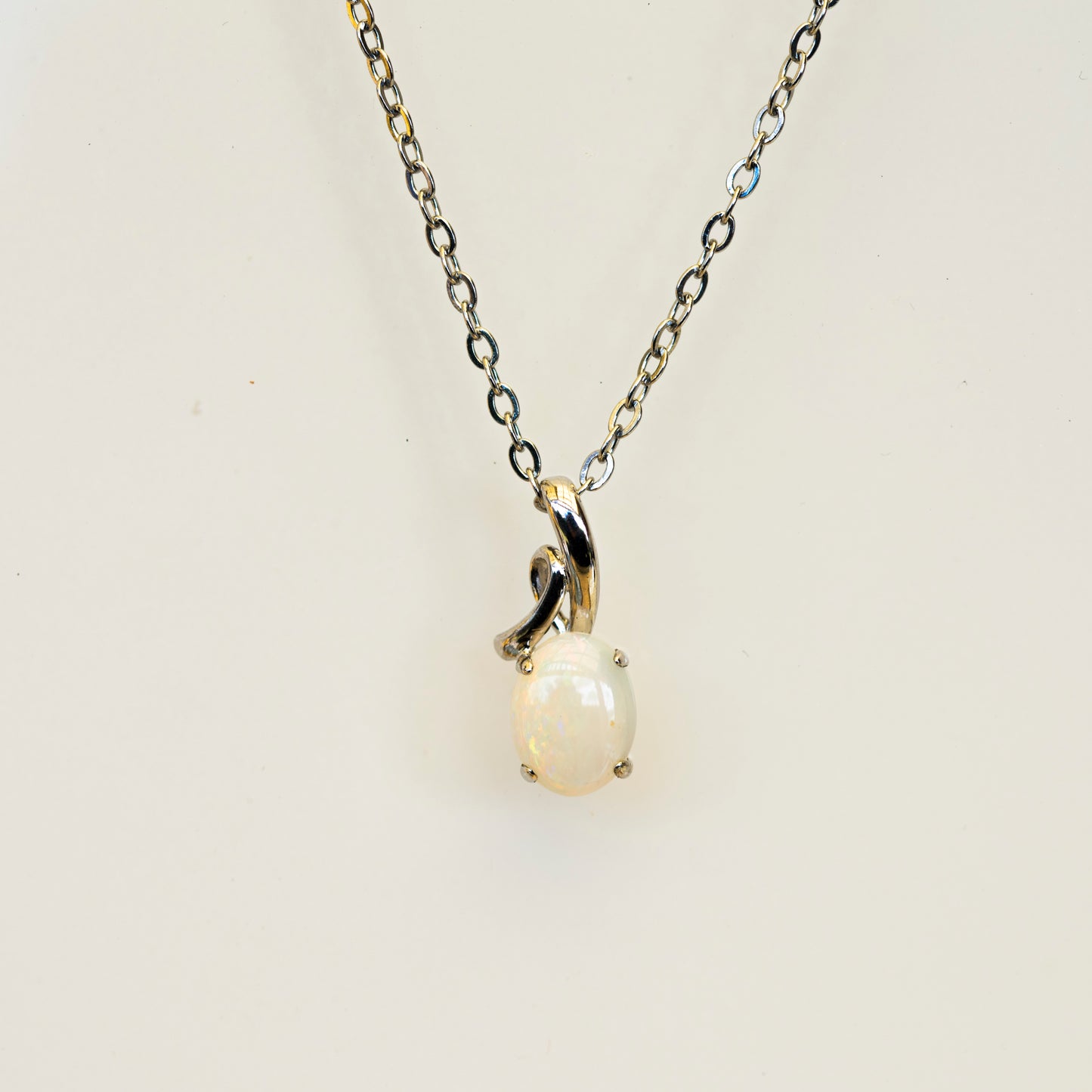 Genuine Multi-Color Australian Opal Necklace – Solid White Opal Pendant in Sterling Silver, White Gold Finish