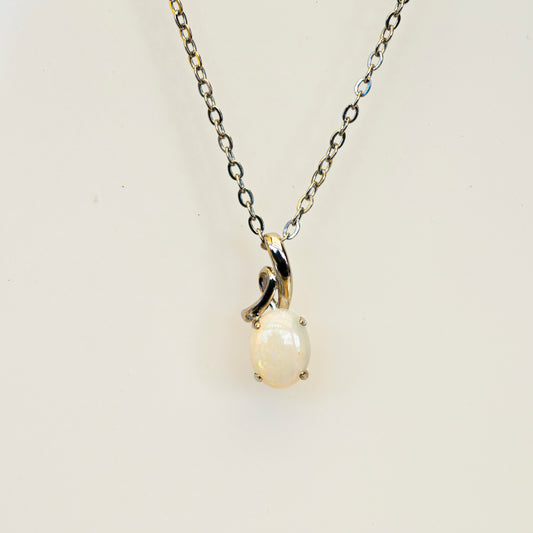 Genuine Multi-Color Australian Opal Necklace – Solid White Opal Pendant in Sterling Silver, White Gold Finish