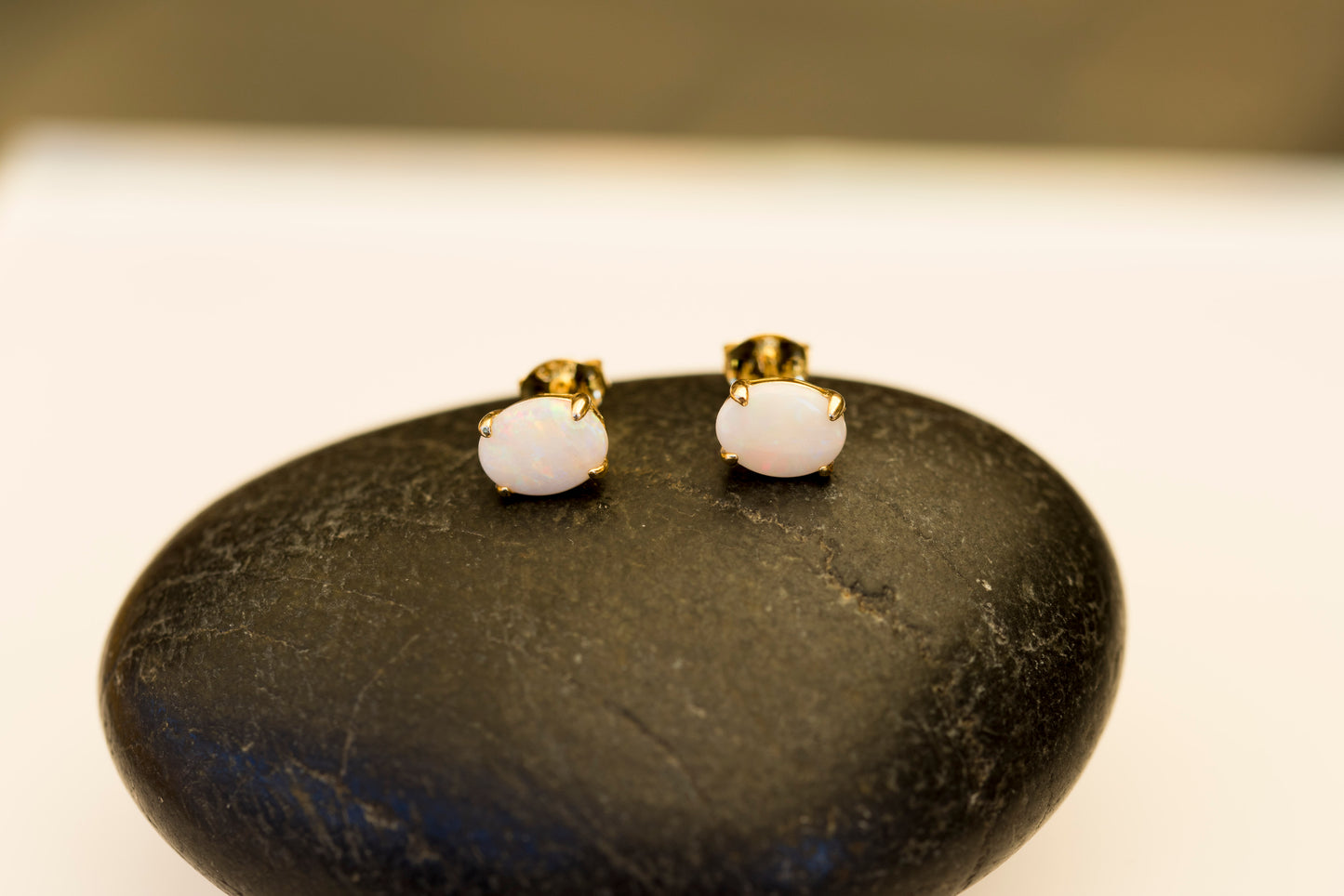 Natural Australian White Opal Stud Earrings - 925 Sterling Silver Yellow Gold Plating
