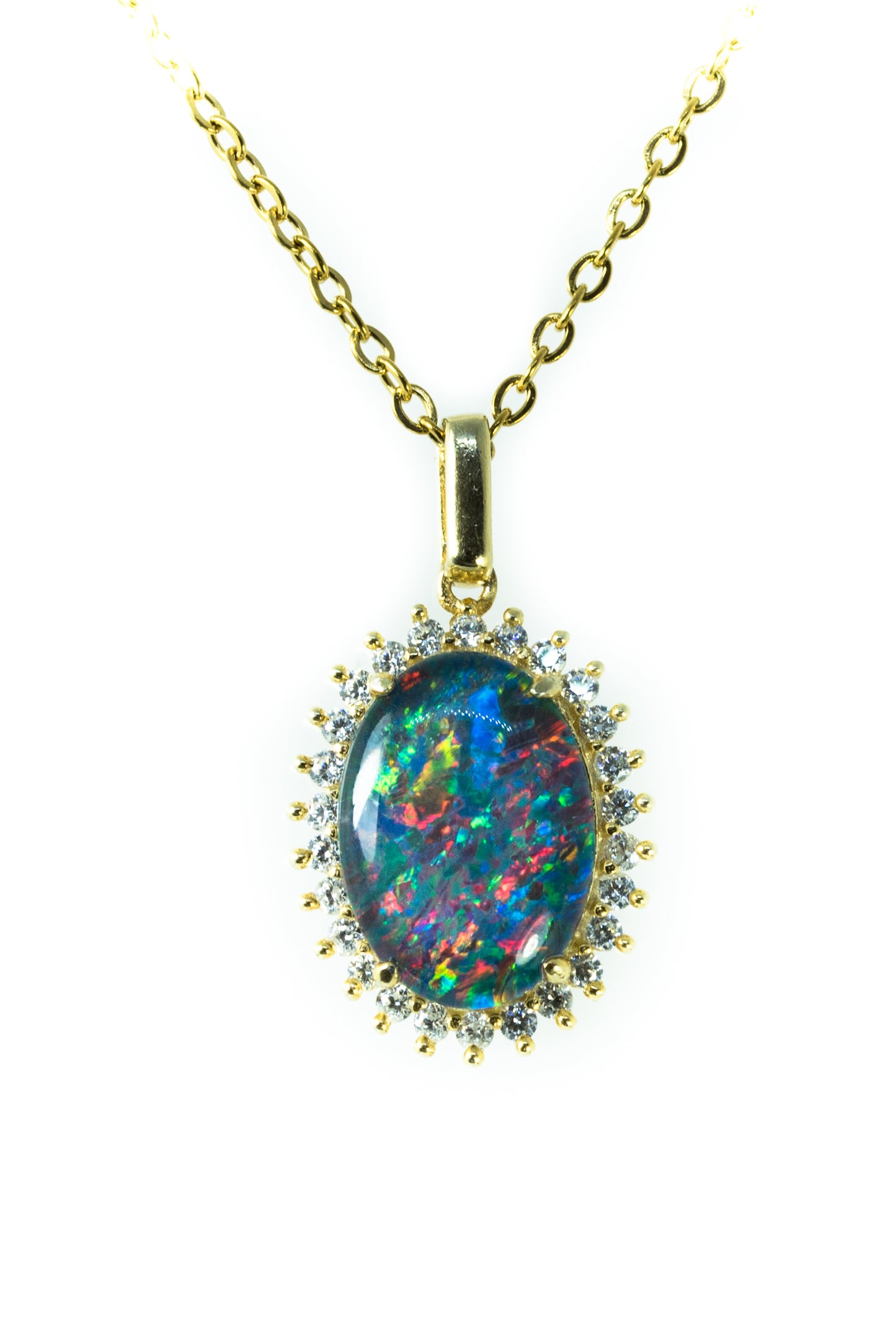 Opal pendant necklace with gold chain on a white background