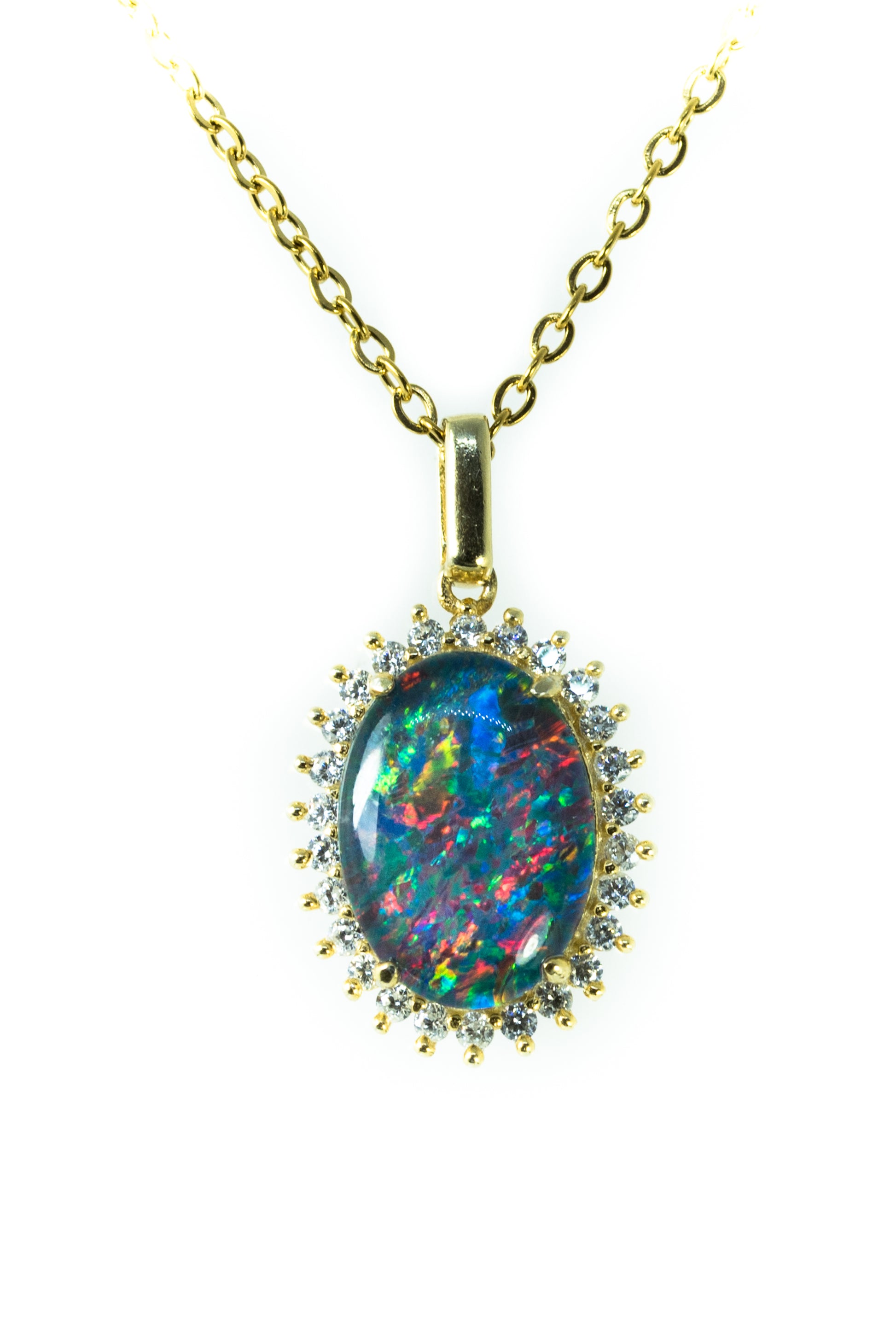 Opal pendant necklace with gold chain on a white background
