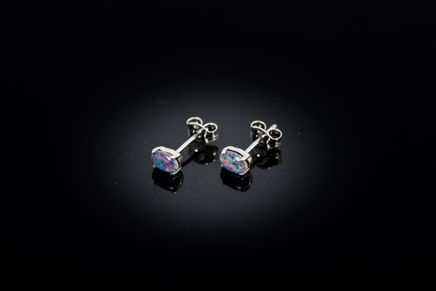 Dainty Australian Triplet Opal Earrings - Multi Color Fire Opal - Genuine Australian Triplet Opal Earrings in Sterling Silver White Gold Plated