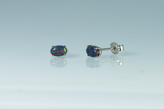 Dainty Australian Triplet Opal Earrings - Multi Color Fire Opal - Genuine Australian Triplet Opal Earrings in Sterling Silver White Gold Plated