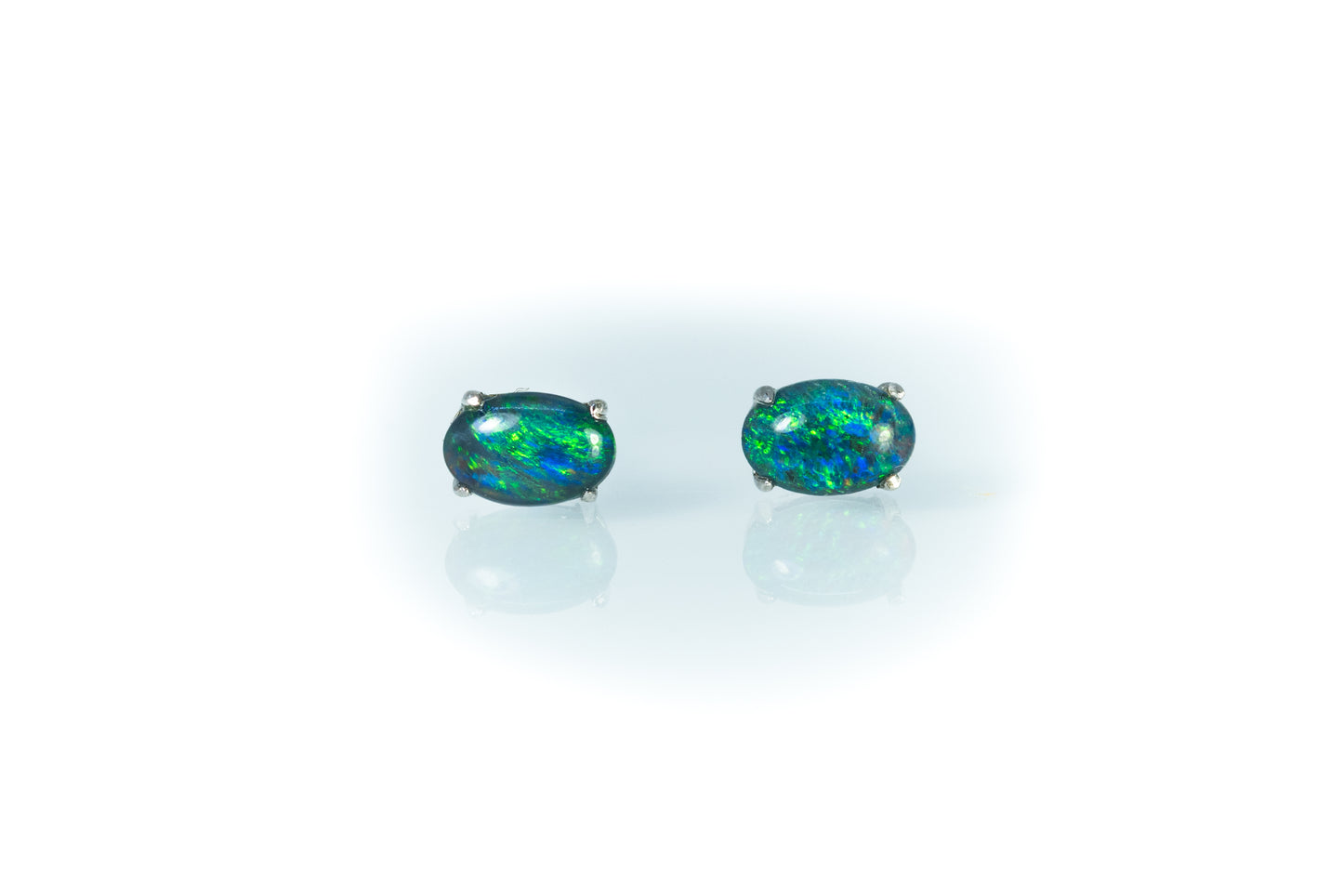 Australian Triplet Opal Earrings - Green Blue Simple Design Opal - Genuine Australian Triplet Opal Earrings in Sterling Silver White Gold Plated