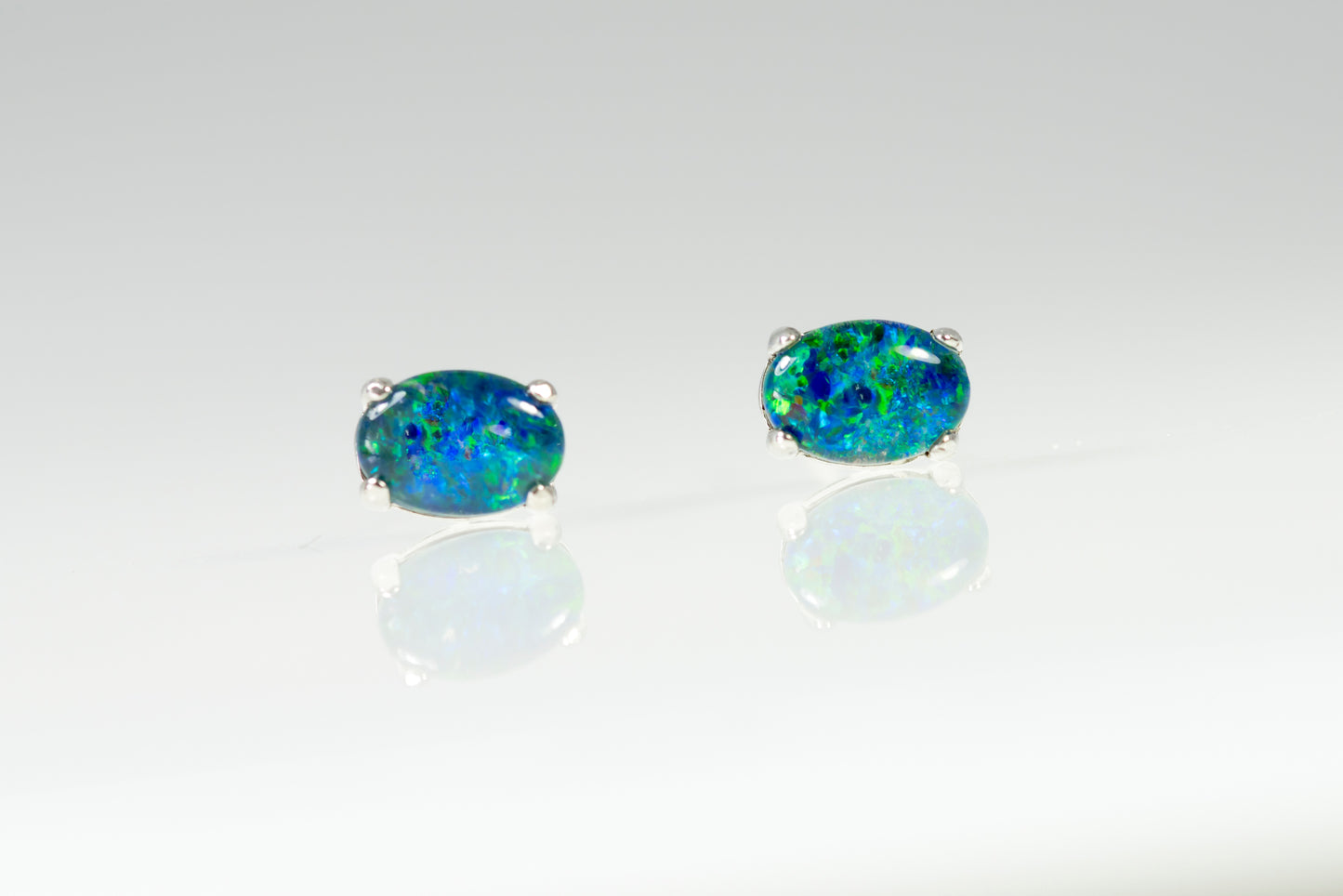 Australian Triplet Opal Earrings - Green Blue Simple Design Opal - Genuine Australian Triplet Opal Earrings in Sterling Silver White Gold Plated