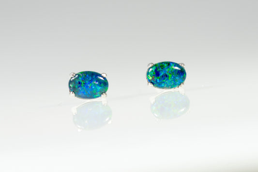 Australian Triplet Opal Earrings - Green Blue Simple Design Opal - Genuine Australian Triplet Opal Earrings in Sterling Silver White Gold Plated