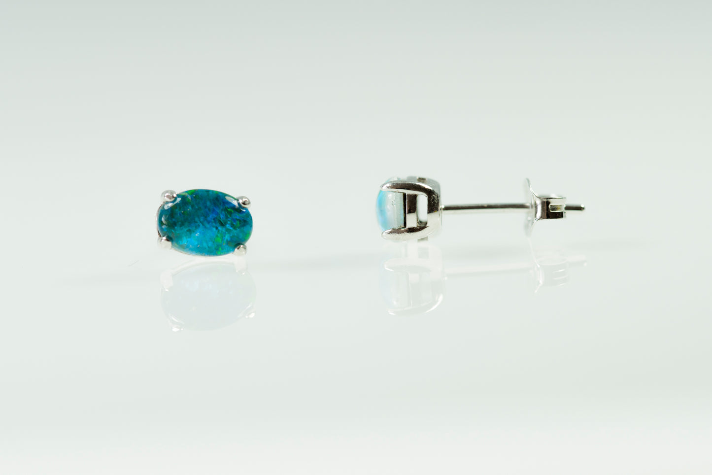 Australian Triplet Opal Earrings - Green Blue Simple Design Opal - Genuine Australian Triplet Opal Earrings in Sterling Silver White Gold Plated