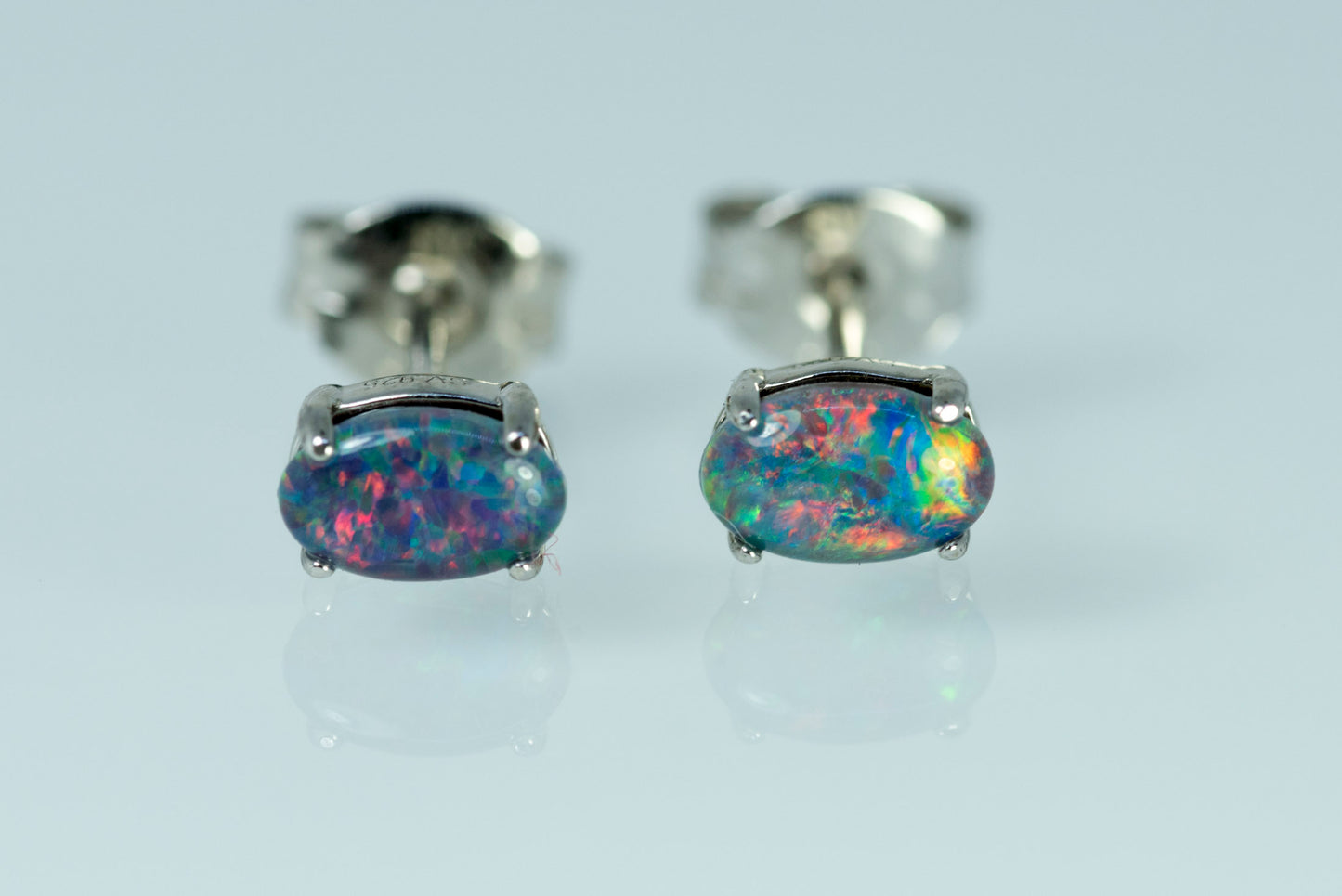 Australian Triplet Opal Earrings - Multi Color Simple Design  Fire Opal - Genuine Australian Triplet Opal Earrings in Sterling Silver White Gold Plated